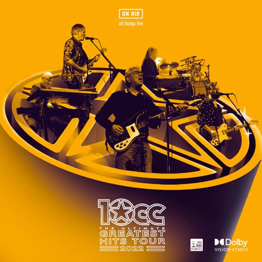 Square artwork for 10cc The Ultimate Greatest Hits Tour recorded at The New Theatre Oxford on 27th October 2022 with the band stood inside the 10cc logo on an orange background